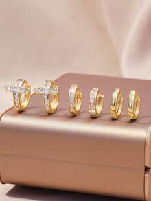 6pcs Set Elegant Luxury Cubic Zirconia Earrings For Women, 18K Gold Plated Copper Cross, Star, Fish Tail, Plain Circle Design, Suitable For Dates, Parties, Gifts - Gold - View 13