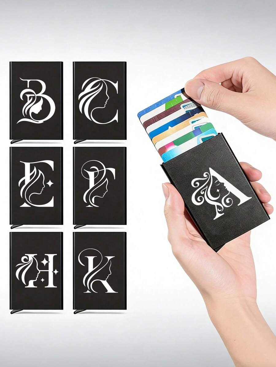 1pc Personalized Laser Engraved 26 Letter Name Card Holder, Aluminum Credit Card Case, Anti-Magnetic RFID Wallet With Auto Pop-Up Card Slot - Black - View 1
