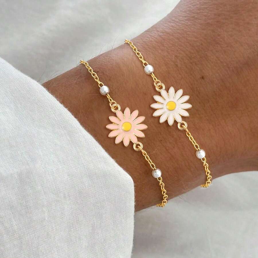 1pc New Fashion Colorful Daisy GoldenBead Chain Bracelets For Women - Yellow Gold - View 1