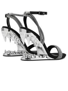 Women Sandals Strappy High Heels Round Open Toe Buckle Heels Shark Tiger Teeth Wedge Heels Sandals Slip-On Party Wedding Dress Shoes - 黑色 - 查看 4