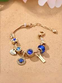 新款时尚百搭女士首饰，艺术感十足的藏蓝色水钻圆形戒指，星形和心形合金手链——奢华女士魅力首饰，适合日常佩戴和派对场合。 - 彩色 - 查看 2