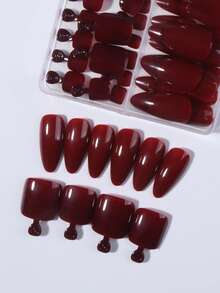 54 móng giả/2 bộ - Chất liệu acrylic bóng, bao gồm 30 móng tay hình hạnh nhân và 24 móng chân, độ phủ toàn bộ, thiết kế kiểu móng Pháp thanh lịch, phù hợp cho phụ nữ và bé gái, có thể sử dụng tại các tiệm làm móng hoặc tự làm móng tại nhà. - Màu Đỏ Sâu - Xem 4
