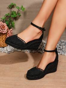 Breathable Slip-On Wedge Sandals With Buckle Closure, Fashionable Casual Rope Platform Shoes For Women - All Black - View 4
