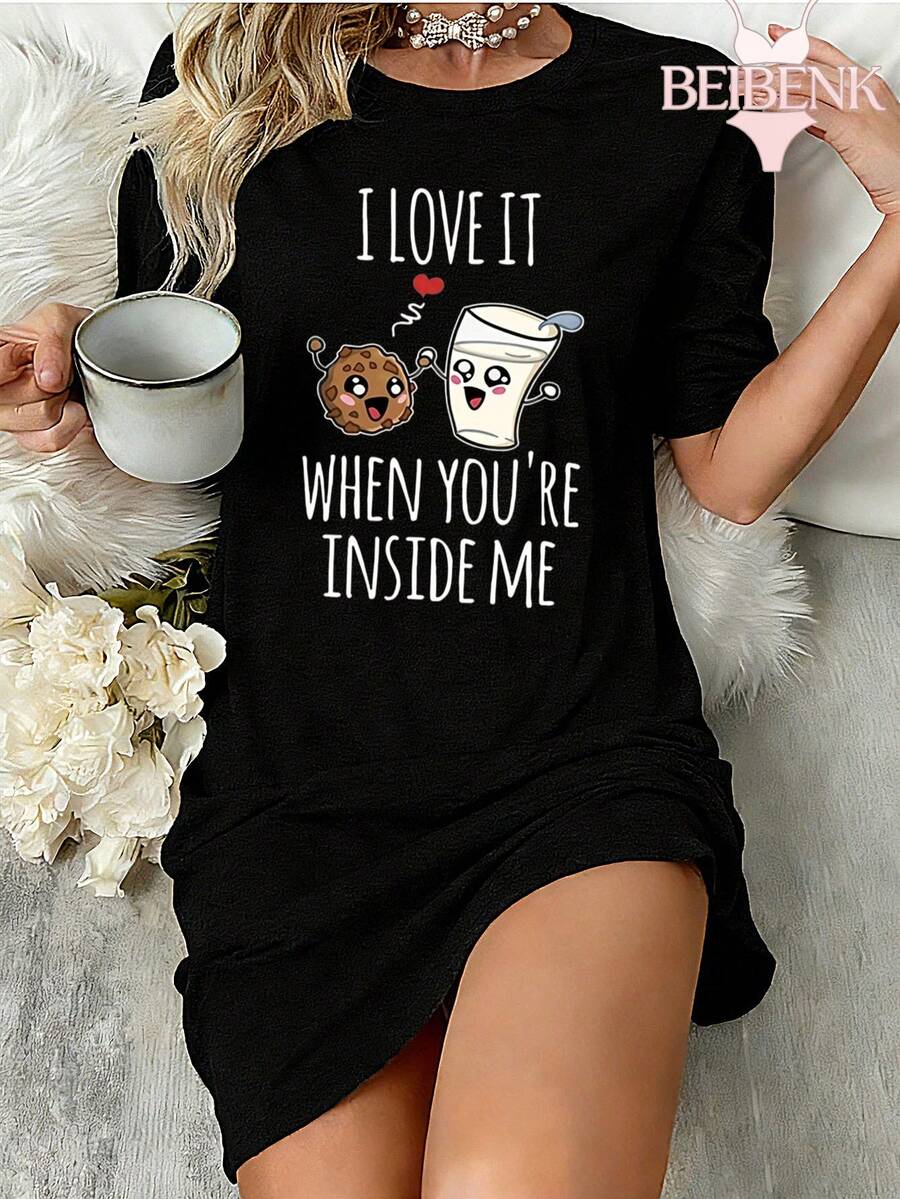 BEIBENK I Love It When Youre Inside Me Cookie And Milk Shirt Sleep Dress For Women,Dress Pajamas Sleepdress Nightshirt, Night Dresses For Women,Loungewear Women, Summer,Pijamas Para Mujer - màu đen - Xem 1