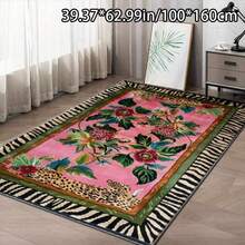 1 Velvet Floral Area Rug - Vibrant Pink, Green, And Blue Floral Design With Black Leopard Print Border, Soft And Skin-Friendly, Comfortable To The Touch. Machine-Washable Polyester Velvet Carpet, Suitable For Living Rooms, Bedrooms, And Outdoor - Nhiều màu - Xem 3