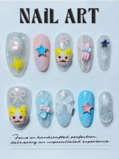 10片手工制作的按压式美甲片。假指甲。可爱美甲。Y2K风格，萌猫美甲，杏仁形假指甲，饰有雪花、星星、蝴蝶结和马卡龙色装饰，闪亮亚克力美甲，适合短指甲。夏季美甲，高品质，可卸可重复使用，适合女性和女孩日常佩戴或度假。