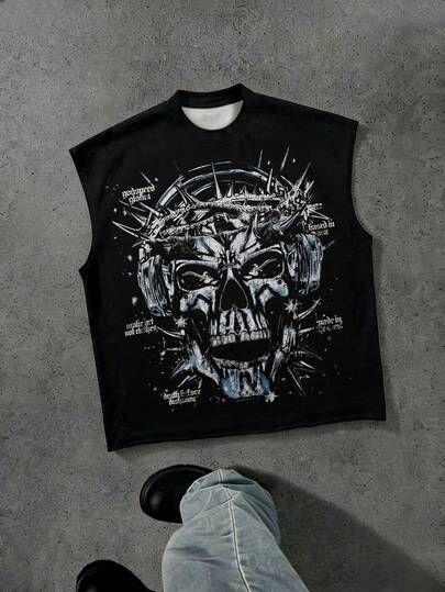 Camiseta sin mangas con estampado digital de calavera con auriculares, gráfico de letras de invierno americano en la parte delantera y trasera, estética grunge Y2K, ropa de calle oscura, de tela suave y transpirable, para hombre