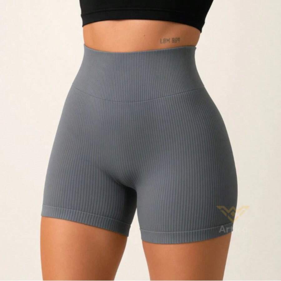 Kit Of 1/2 Women's Fitness Shorts, High Waist, Ribbed, Quick-Drying, Zero-Transparent, Sporty Fabric. Ribbed Shorts For All Seasons. - 灰色 - 查看 1