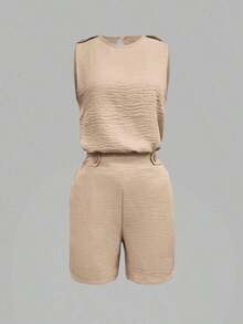 Women's Fashion Casual Elegant Sleeveless Top And Button Detail Slant Pocket Shorts 2 Pieces Set Summer - 卡其色 - 查看 3