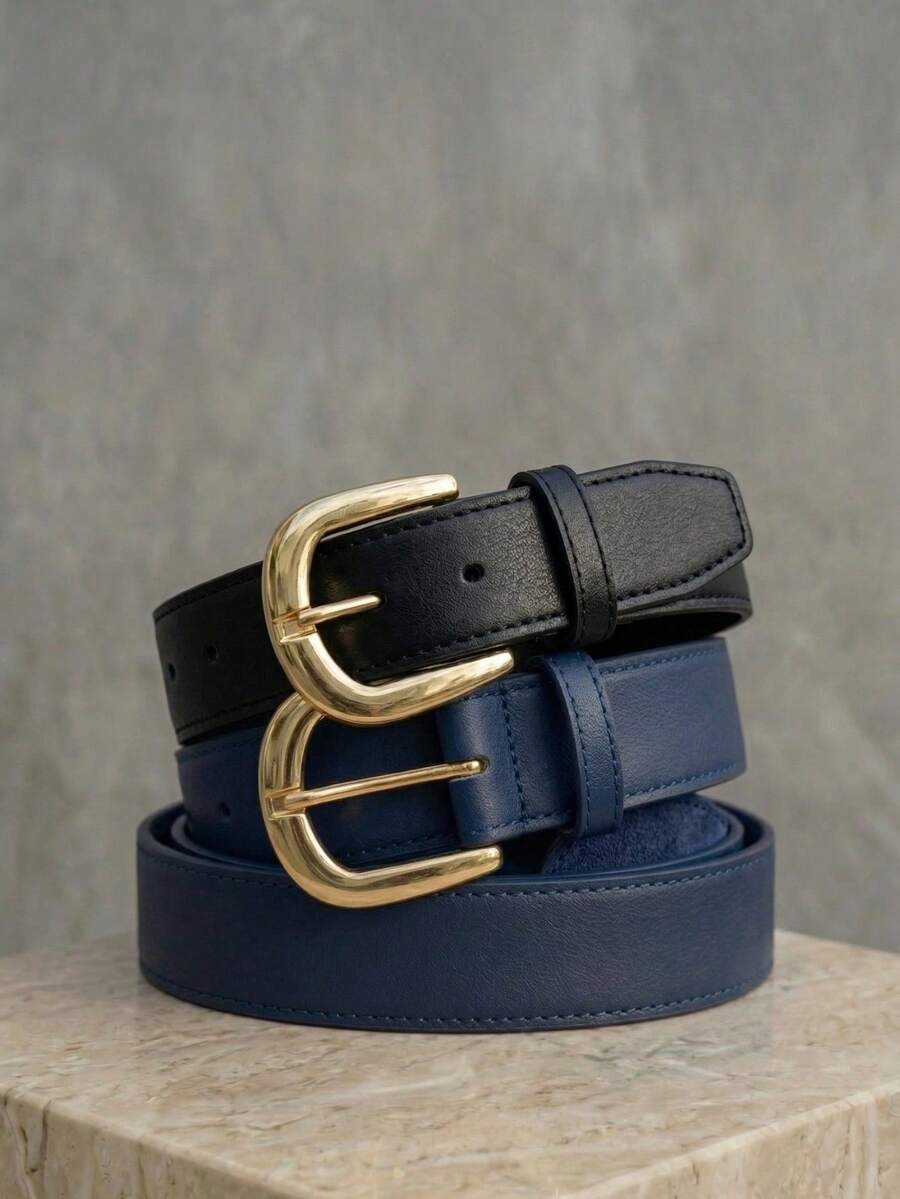Women's Belt Set With GABI Gold Metallic Buckle In Minimalist Faux Leather - Black and Blue - View 1