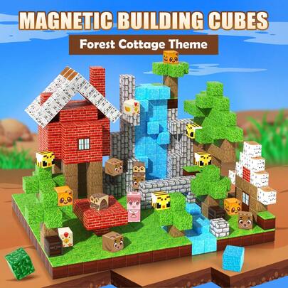  ZHENFINITY | 100PCS | Red Brick Forest Cottage Magnetic Building Cubes | STEM Blocks | Waterfall River Trees Stone Wall Scene | Animal & Character Cubes | Easter Christmas Birthday Gift For Boys & Girls