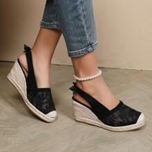 Sandalias de cuña de yute con lazo de encaje transpirable y de moda para mujer - Negro - Ver 11