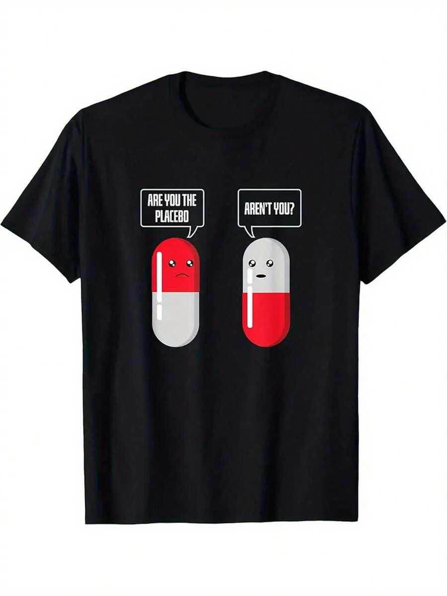 Artículos de moda para la nueva temporada 2026. Camiseta divertida con efecto placebo para hombre - Camiseta gráfica con humor "¿Eres el placebo?", camiseta casual de corte holgado para usar en todas las estaciones, lavable a máquina, con cuello redondo y diseño con humor sobre la prueba de drogas Placebo para fiestas, festivales y atuendos cotidianos. - Negro - Ver 1