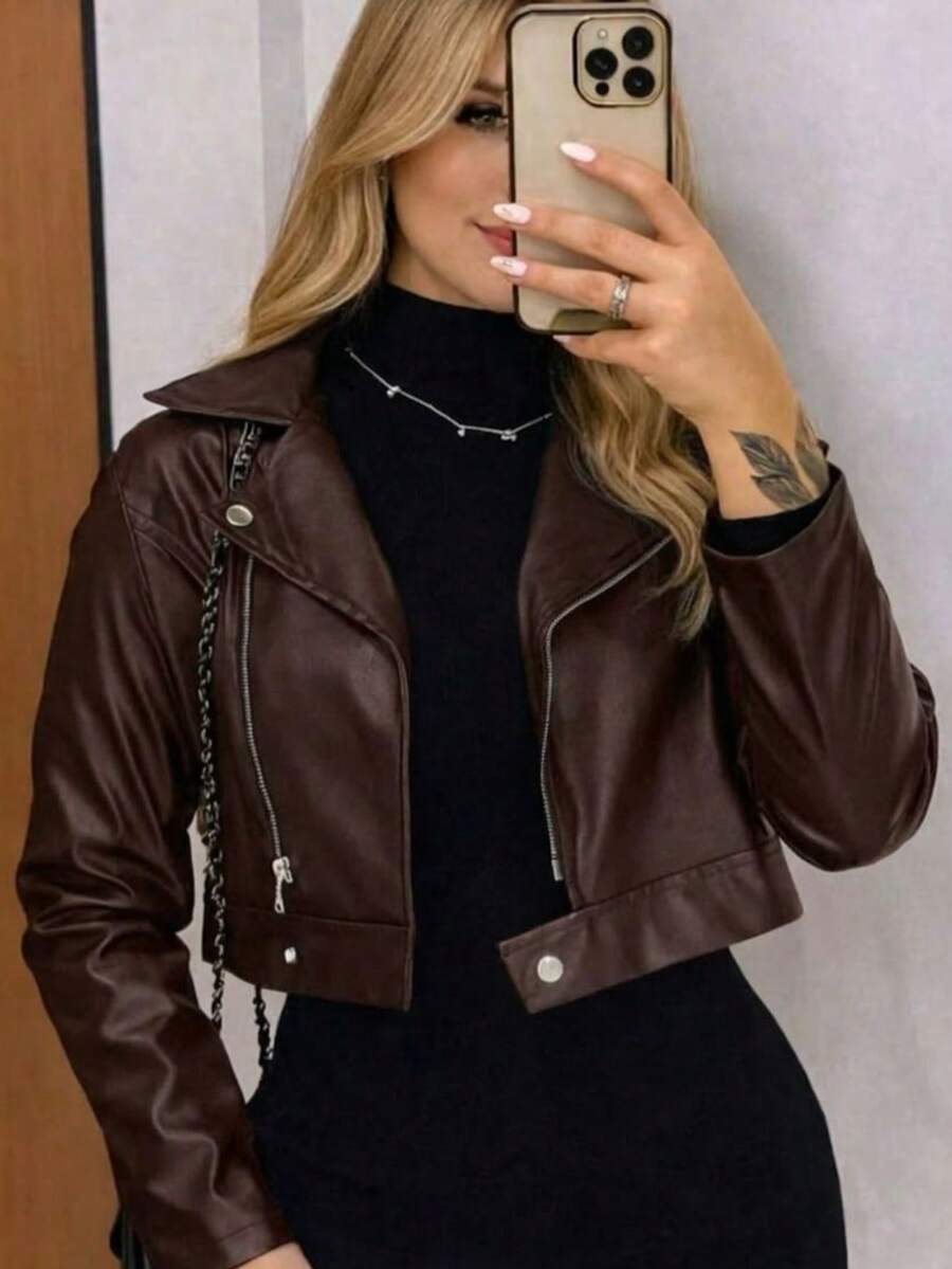 Women's Faux Leather Motorcycle Jacket With Zipper And Buttons – Modern And Elegant, São João 2026 Fashion - 鏽棕色 - 查看 1