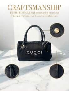 Gucci 1PC Top Handle Mini Black Nylon Barrel Bag - Luxury Minimalist Style, Logo Print Detail, Cylindrical Shape, Versatile Handbag For Daily Use & Travel - Black - View 6
