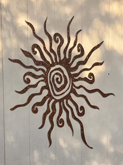 1pc Wrought Iron Spiral Sun Metal Wall Decor - Vintage Rustic Outdoor Garden And Indoor Decoration, Black Brown Sun Pattern With Intricate Spiral Arms, Durable Metal Structure Suitable For Housewarming Gift, Boho Home Decor, Metal Wall Sculpture For Patio, Balcony, Living Room - Farmhouse Wrought Iron Design With Natural Brown Finish, Hippie Style Sun Art