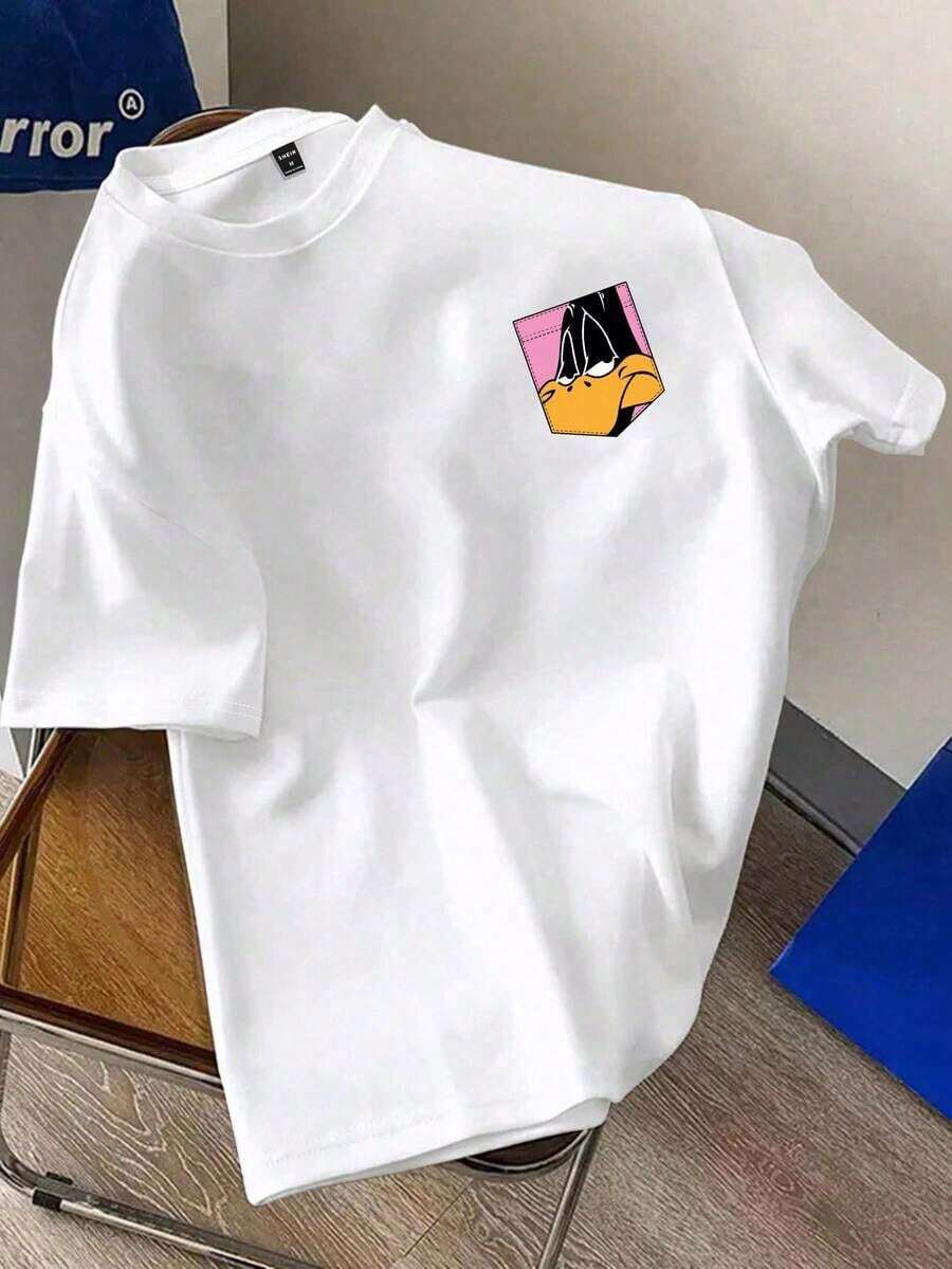 ChristmasLooney Tunes X Manfinity  Men's Cartoon Pattern-Shirt, Black, Round Neck, Short SleeveHot Item
