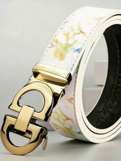 Luxury Men's Letter Print Casual Automatic Buckle Belt, With Gold/Silver Alloy Buckle, Ideal Holiday Gift For Family And Friends