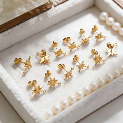 6 Pcs 18K Gold Plated 304 Stainless Steel Starburst Earring Posts, Multi-Style North Star Stud Earring Findings With Loops For DIY Dangle Earrings Making, Hypoallergenic Tarnish Resistant