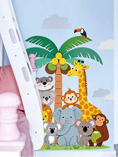 Creative Cartoon Tree With Animals Monkeys Zebras Elephants Wall Decals For Shop Home Background Decorations