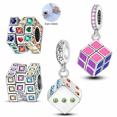1pc Creative Silver Color Cube Dice Charm For Bracelet Necklace Bead Set Rotatable Design Colorful Zirconia Enamel Accents Fits European Bracelets For Women & Teens Suitable For Summer Daily Wear Gaming Themed Events Gifting Perfect Gift For Birthdays Graduation