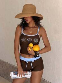 Women's Swimsuit Camisole, Elegant Sexy Ocean Print Lobster Crab Turtle Starfish Hibiscus Triangle Swimwear, Women's Crop Top With Built-In Bra Camisole Set, Suitable For Vacation, Beach, Pool And Sports, Autumn/Winter 2026 Spring/Summer, Music Festival, Basic, Graduation Ceremony, Women's Camisole And Spaghetti Strap Beach Outfit - 棕色 - 查看 3