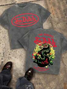 Biker T Shirts Men, Red Oval Logo And Snake And Floral Graphic, 230g Washed Cotton Crew Neck Short Sleeve T-Shirt, Retro Biker Culture, Streetwear, Big And Tall, Summer, Free Shipping - 灰色 - 查看 12