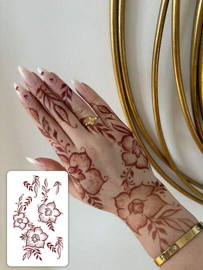 1pc Fashionable Waterproof Red-Brown Floral Henna Temporary Tattoo, Vintage Vine & Leaf Pattern, Suitable For People