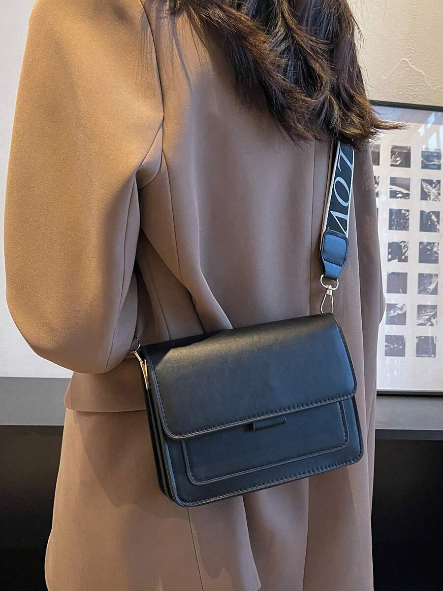迷你复古撞色斜挎包，百搭休闲现代风翻盖单肩包，PU皮革材质 - 黑色 - 查看 1