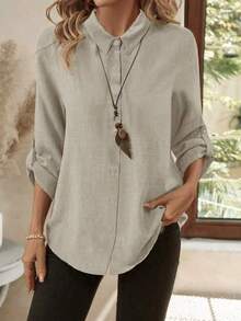 Women's Casual Linen Solid Color Rolled Cuff Button Detail Turndown Collar Long Sleeve Cardigan Spring - Grey - View 5