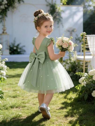 Baby Girls Cap Sleeve Bow Tulle Mint Green Elegant Christmas Party Dress, Princess Dress Suitable For 1st Birthday Party, Banquet, Wedding Flower Girl Outfit