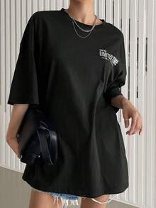 Oversized Summer T-Shirt With Letter Graphic On Dropped Shoulders - Black - View 4