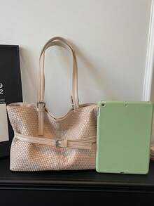 Túi xách nữ dệt tối giản thời trang, dung tích lớn, có khóa cài. - Màu Khaki - Xem 7