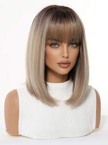 12 Inch Brown To Black Ombre Short Straight Bob Wig With Bangs, Heat Resistant Synthetic Fiber Fashion Wig Suitable For Daily Wear, Party, Cosplay, And Photo Shooting - Blonde Ombre - View 3