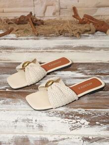 Women's Flat Sandals, Beach Preppy College Style, PU Leather Buckle, Suitable For Summer Vacation, Fashion Versatile Slippers - Beige - View 4