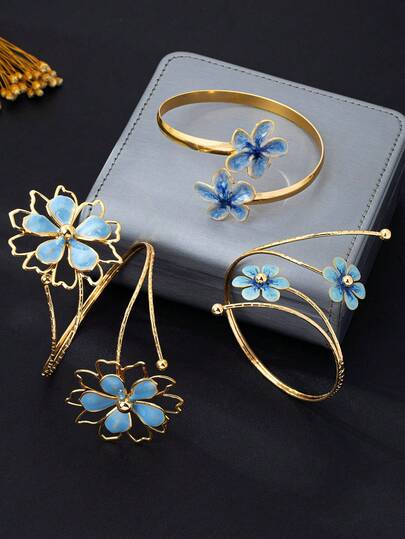 Set de 3 brazaletes florales azules para mujer, joyería de estilo vacacional elegante y exagerada, conjunto de brazalete de flor de 5 pétalos de lujo y elegante