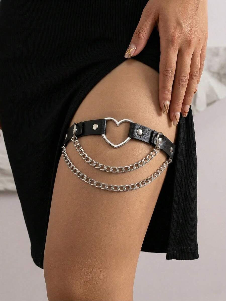 1pc Fashionable Retro Heart Shaped Multi-Layer Tassel Black Leather Thigh Chain - Black - View 1