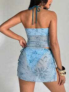 新款性感花卉印花网纱拼接串珠三件套比基尼，吊带泳装，适合春夏假期在海滩、游泳池和派对穿着 - 孔雀綠 - 查看 5