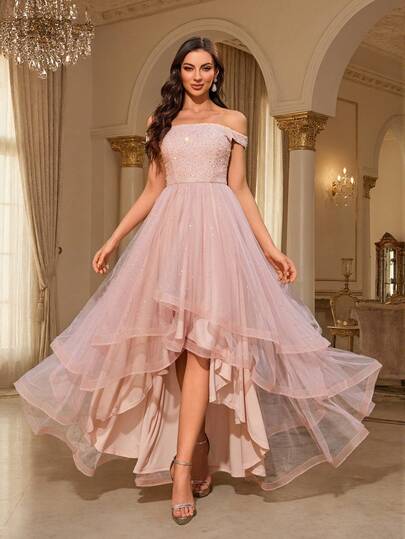 Off-Shoulder Contrast Color Sequin High-Low Hem Mesh Party Dress, Cocktail, Semi-Formal Dance, Birthday, Wedding Guest, Evening, Graduation Gown Spring