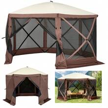 Gazebo Screen Tent, 12 X 12 Ft, 6 Sided Pop-Up Camping Canopy Shelter Tent With Mesh Windows, Portable Carry Bag, Ground Stakes, Large Shade Tents For Outdoor Camping, Lawn And Backyard - 12x12ft, Brown - View 9
