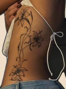 1pc Fashionable Washable Realistic Lily Flower Temporary Tattoo Sticker. Waterproof And Long-Lasting, With Fresh Vine Design, Suitable For Waist Or Side Waist, Suitable For All People,Sketch Style - Black - View 3