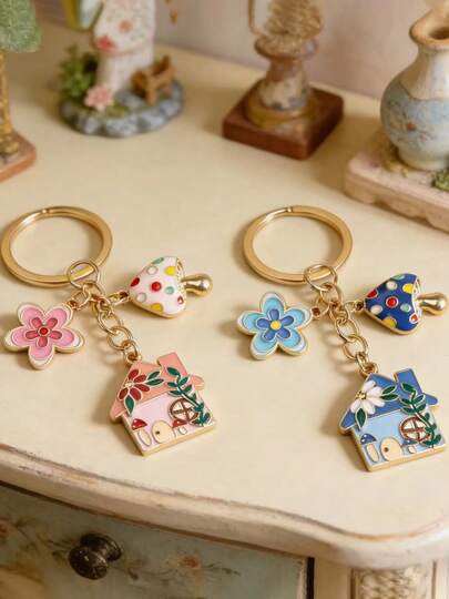 1pc Unique Forest-Style Countryside Cute Mushroom House Pendant Keychain, Simple Casual Bag Pendant, Fresh And Elegant Drop Oil Alloy Keychain Mobile Phone Case Pendant, Suitable For Back-To-School Gifts, Suitable For Mother's Day Gifts, Suitable For Labor Day Gifts, Suitable For Children's Day Gifts, And Valentine's Day Gifts
