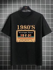 2026 Men's Summer T-Shirt With Letter And Ribbon Print, Crew Neck, Short Sleeve, Streetwear, Summer, Men - Black - View 1