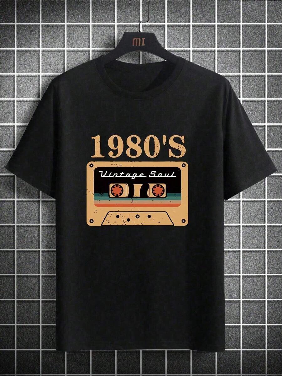 2026 Men's Summer T-Shirt With Letter And Ribbon Print, Crew Neck, Short Sleeve, Streetwear, Summer, Men - Black - View 1