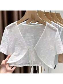 Women's Solid Color Floral Lace Kimono-Style Cardigan, Lightweight Bohemian-Style Short Shawl For Summer, Suitable For Pairing With Summer Dresses And Beachwear. - 白色 - 查看 2