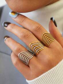 3pcs/1pc Line-Cut Geometric Stainless Steel Open Ring, Ladies Clothing, Suitable For Women's Daily Wear, Party And Dating Occasions - Multicolor - View 5