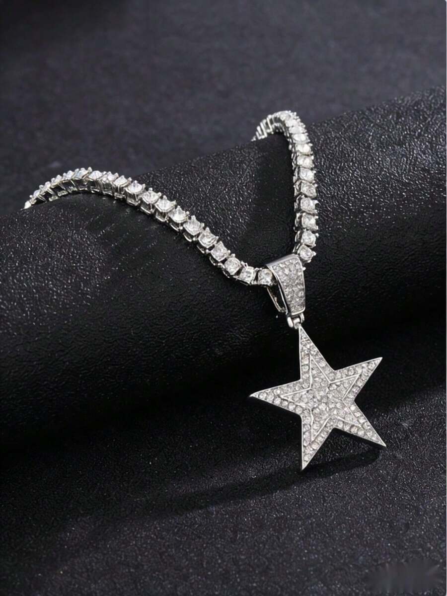 男女皆宜朋克嘻哈摇滚派对全钻华丽星形吊坠项链合金材质 - 銀色 - 查看 1