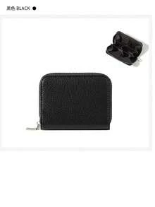 新款时尚荔枝纹流行PU迷你大容量零钱包，多隔层紧凑型零钱卡包 - 黑色 - 查看 2