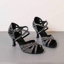 7.5cm Cuban Heel Professional Women's Latin Dance Shoes, Comfortable Soft Sole Salsa Tango Training Shoes, Non-Slip Durable Indoor Party Sandals, Women's Silver Wedding Shoes With Sparkling Rhinestones - Black - View 8