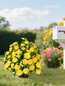 1束人造杜鹃花束，带地插；人造黄杨木球形盆栽，配杜鹃花和绿叶；抗紫外线人造假灌木植物，适用于户外门廊、露台、花园春夏装饰；免维护室内/室外装饰；易于安装 - 彩色 - 查看 16